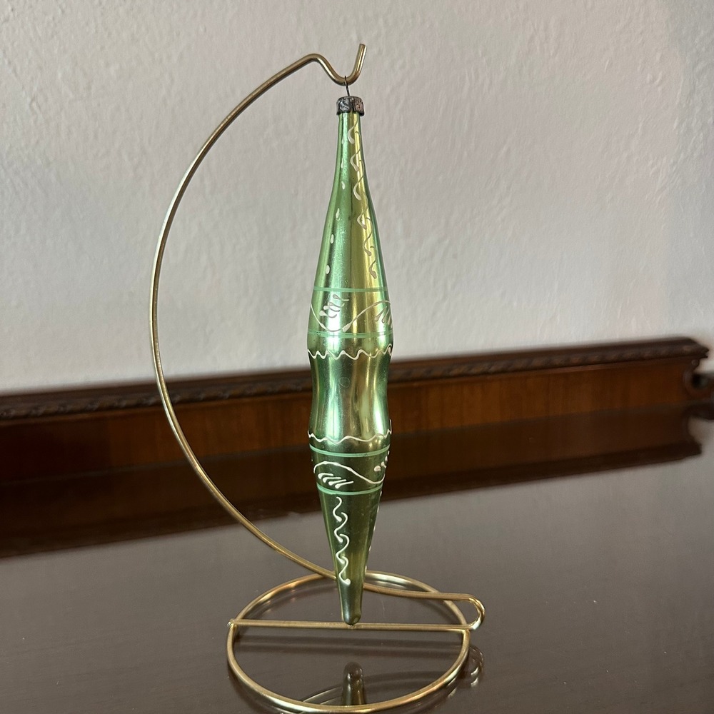 Vtg USSR 8.5'' Green Mercury Glass Finial Christmas Ornament‎ Hand Painted GLOWS